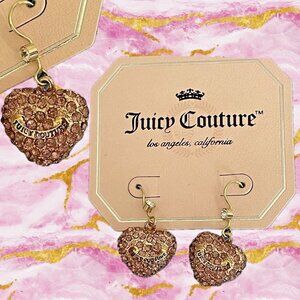 Juicy Couture Rose Gold Pink Crystal Accent Logo Banner Heart Dangle Earrings